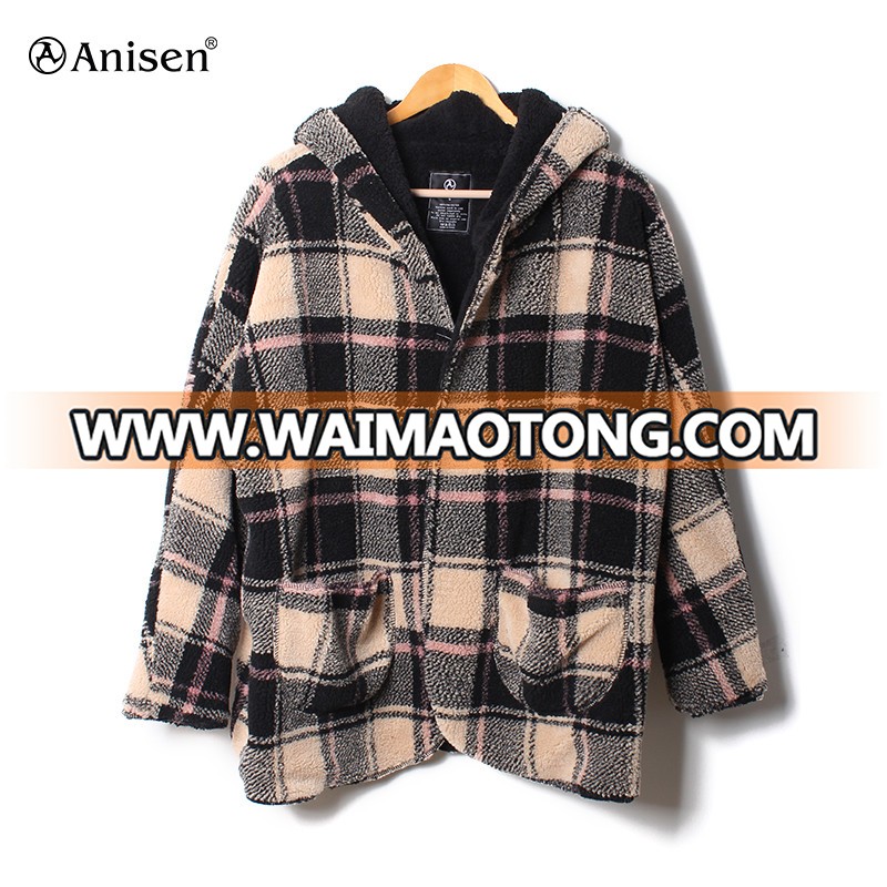 wholesale cheap custom outwear plaids fleece winter hoody womens jackets coats