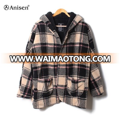 wholesale cheap custom outwear plaids fleece winter hoody womens jackets coats