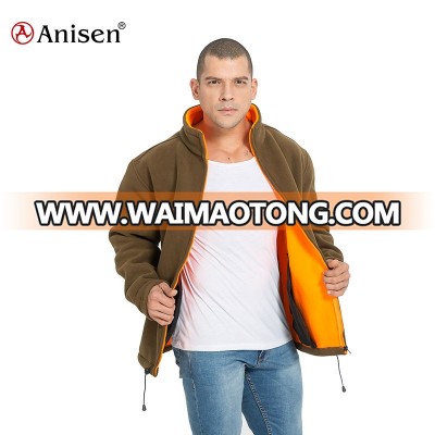 High quality windproof brown zipper-up custom solid fleece jacket men