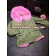 Wholesale Khaki Outer Fabric Pink Synthetic Fur Jacket With Raccoon Fur Trim